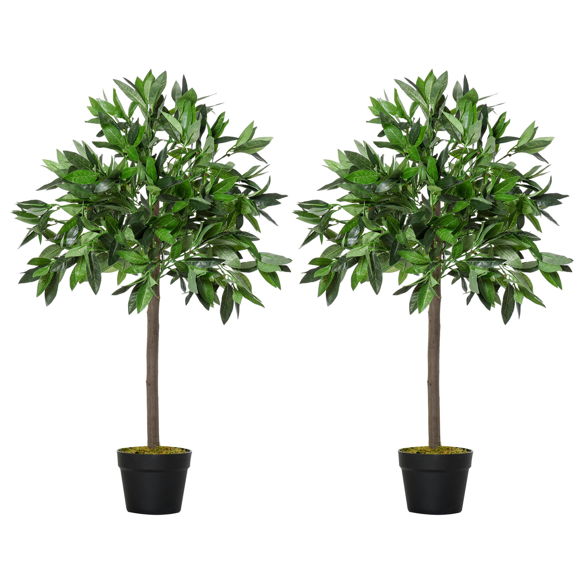 2ER-SET Künstlicher Lorbeerbaum 90 cm Kunstpflanzen im Zementtopf, Zimmerpflanze - Schwarz/Braun, Kunststoff (90cm) - Outsunny