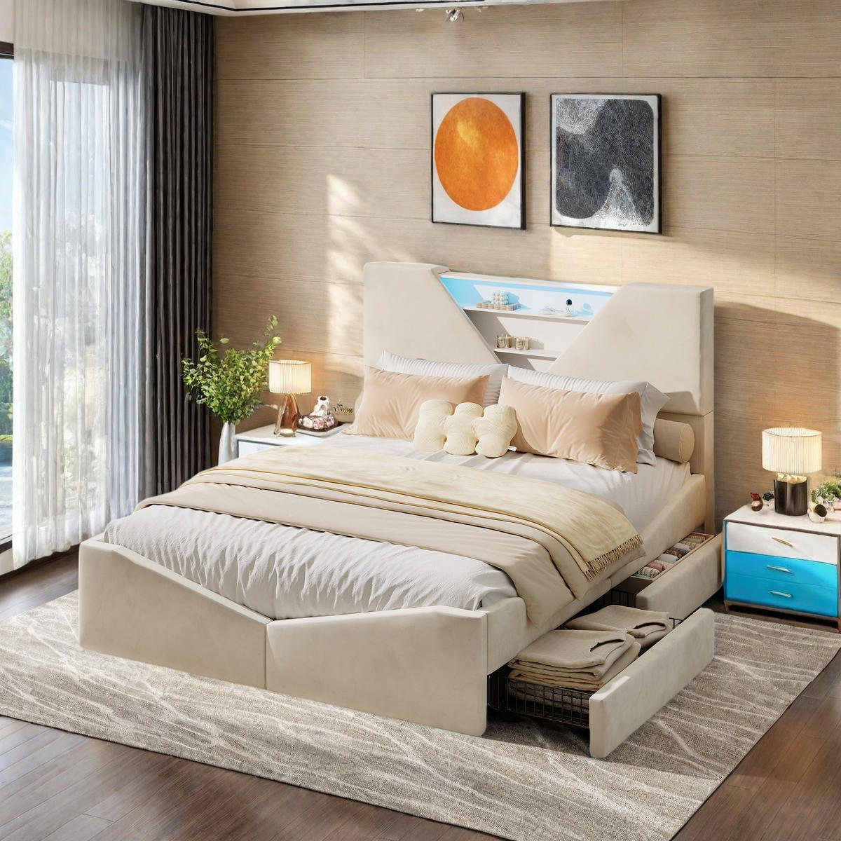 POLSTERBETT 140/190 cm Ecru mit Schubladen und LED-Beleuchtung - Ecru, Holz (140/190cm) - SHOPENTRA
