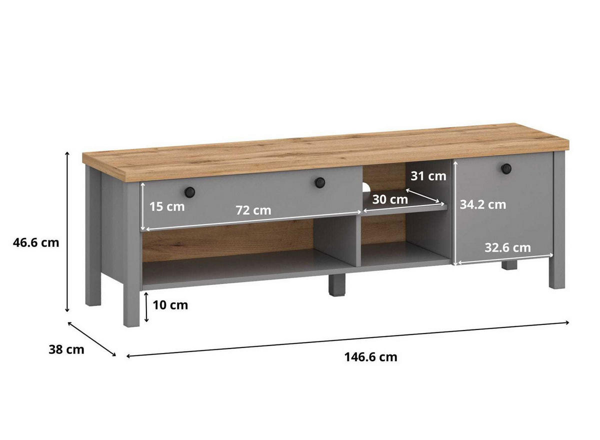 LOWBOARD Melini schiefergrau / Eiche Delano hell 146 / 38 / 46 cm - Eichefarben/Grau, Holz/Holzwerkstoff (146/46/38cm) - Feldmann-Wohnen