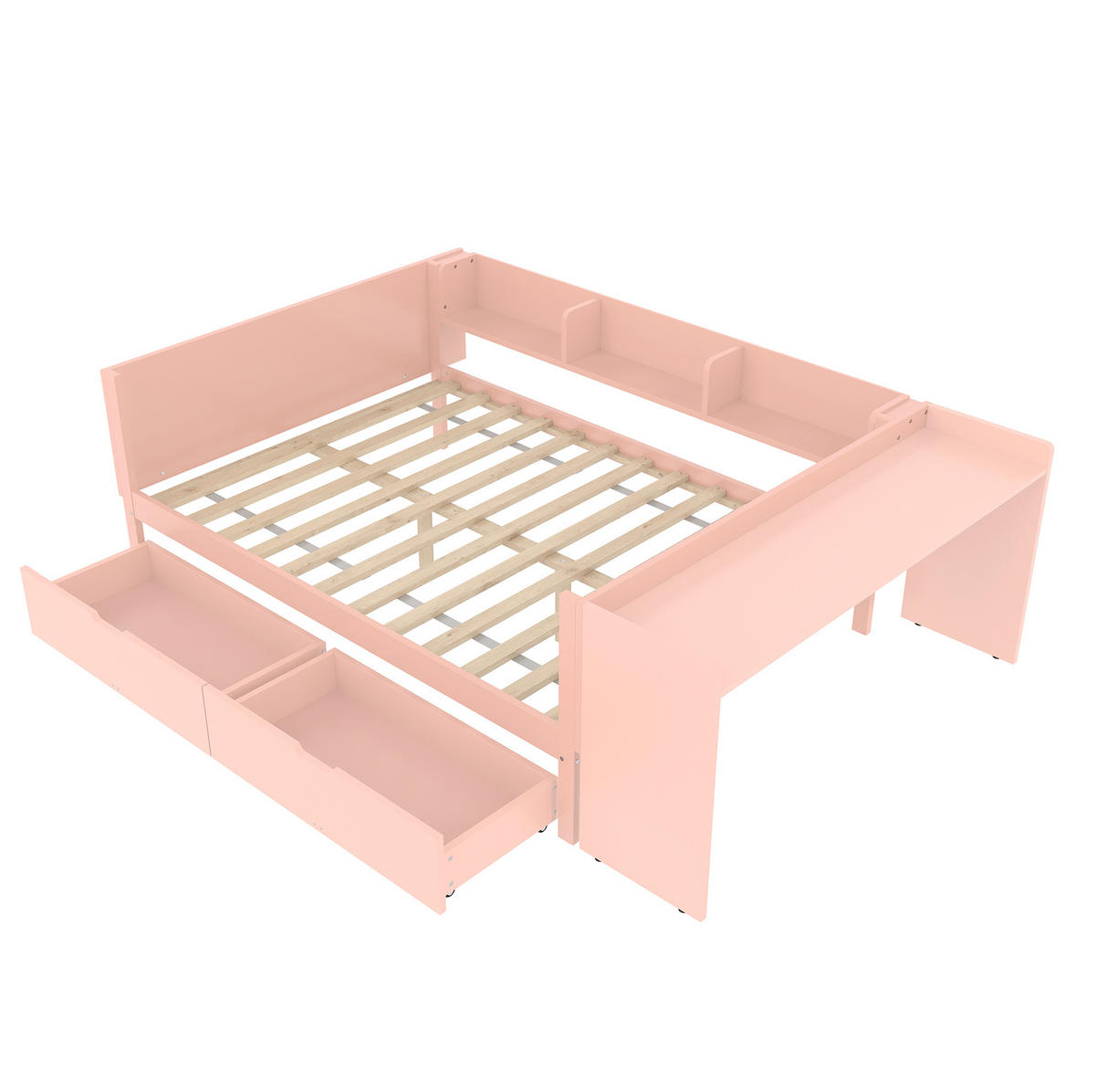 BETT 140/200 cm mit Schreibtisch, 2 Schubladen und 3 Regalen aus Kiefern und Spanplatte, Weiß/Rosa - Rosa, Holzwerkstoff (140/200cm) - Redom