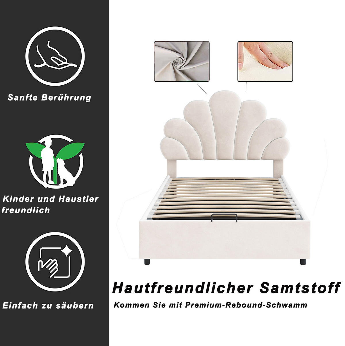 KINDERBETT 90/200 cm Beige mit Samtbezug höhenverstellbarem Kopfteil und hydraulischem Stauraum - Beige, Textil (90/200cm) - OKWISH
