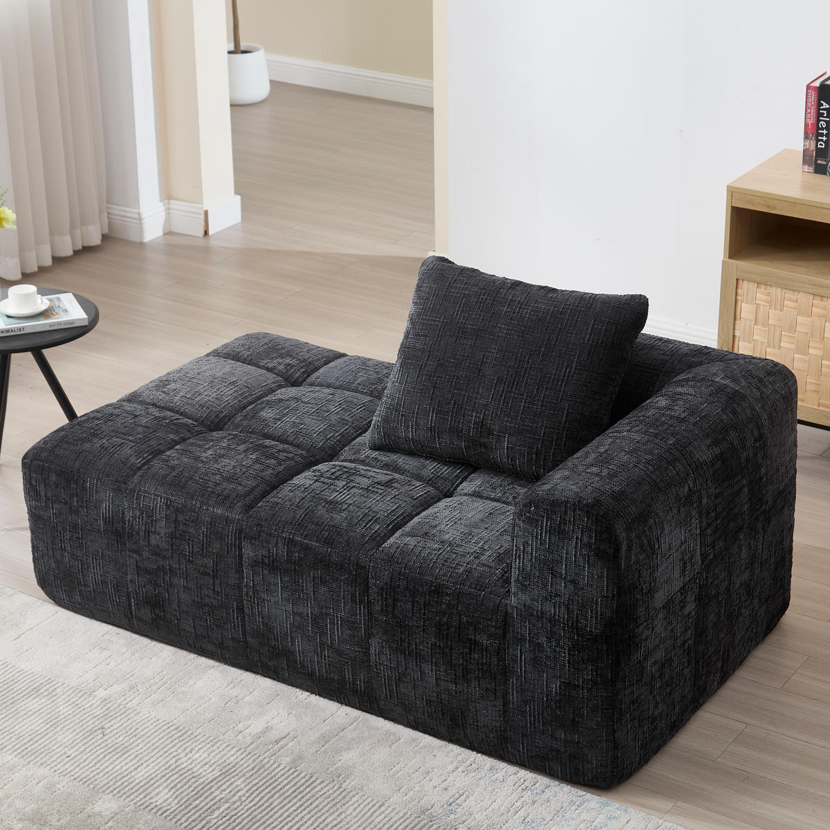 RÉCAMIERE Chenille Schwarz mit Seitentaschen und Kissen - Schwarz, Textil (158/60/90cm) - WISHDOR
