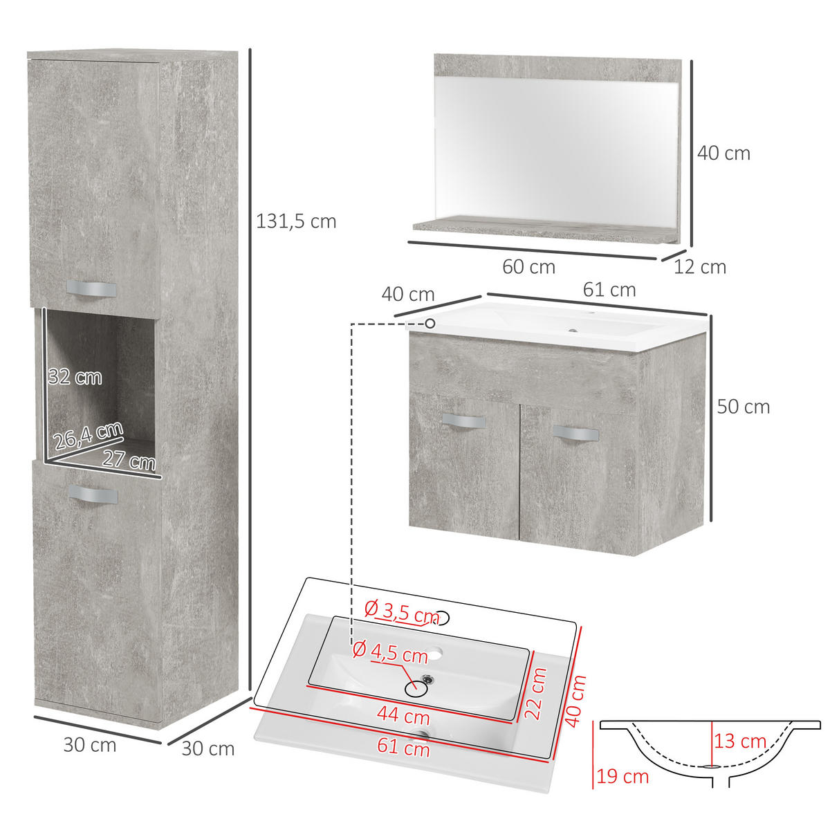 BADEZIMMER 4-teilig DE-17305 Grau - Grau, Holzwerkstoff (30/131.5/30cm) - ComfortXL