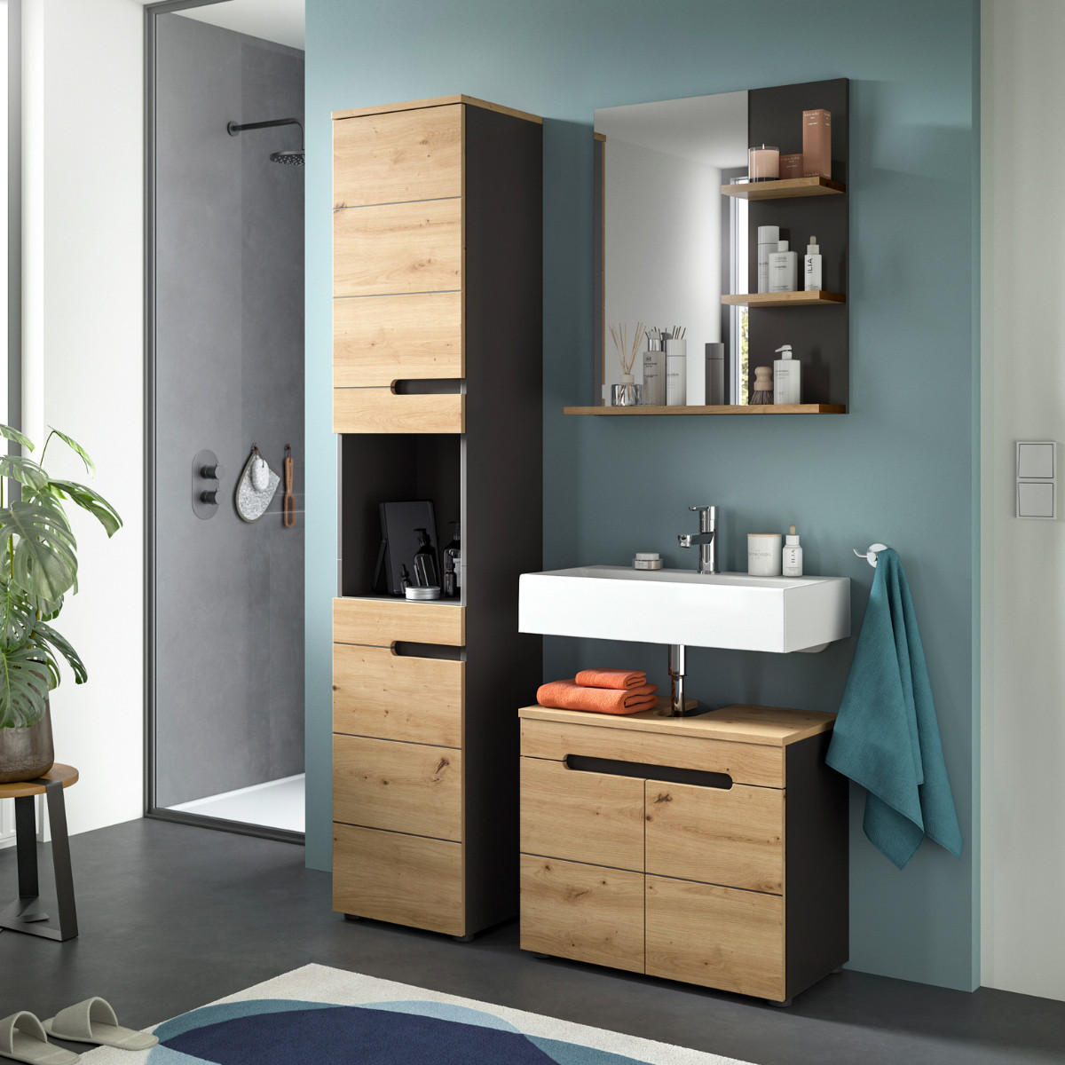 BADEZIMMERSCHRANK mit 2 Türen und 1 Nische 34/193/38 cm - Eschefarben, Holzwerkstoff (34/193/38cm) - Calicosy