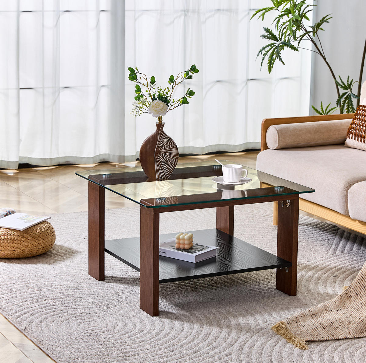 COUCHTISCH 65/41/45,5 cm mit Hartglasplatte und Ablagefach, modern und platzsparend, Walnuss/Schwarz - Walnussfarben, Holzwerkstoff (75/75/45.5cm) - Redom