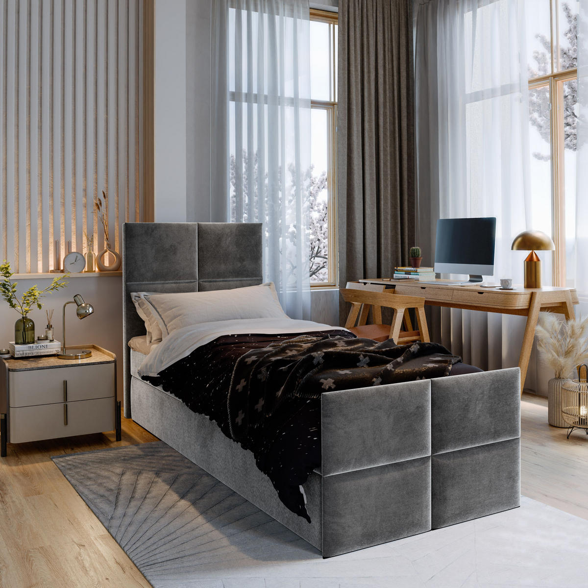 BOXBETT ARIEL 100 100x200 cm mit Matratze und Topper - Grau - Grau, Holz (100/200cm) - MASSENO