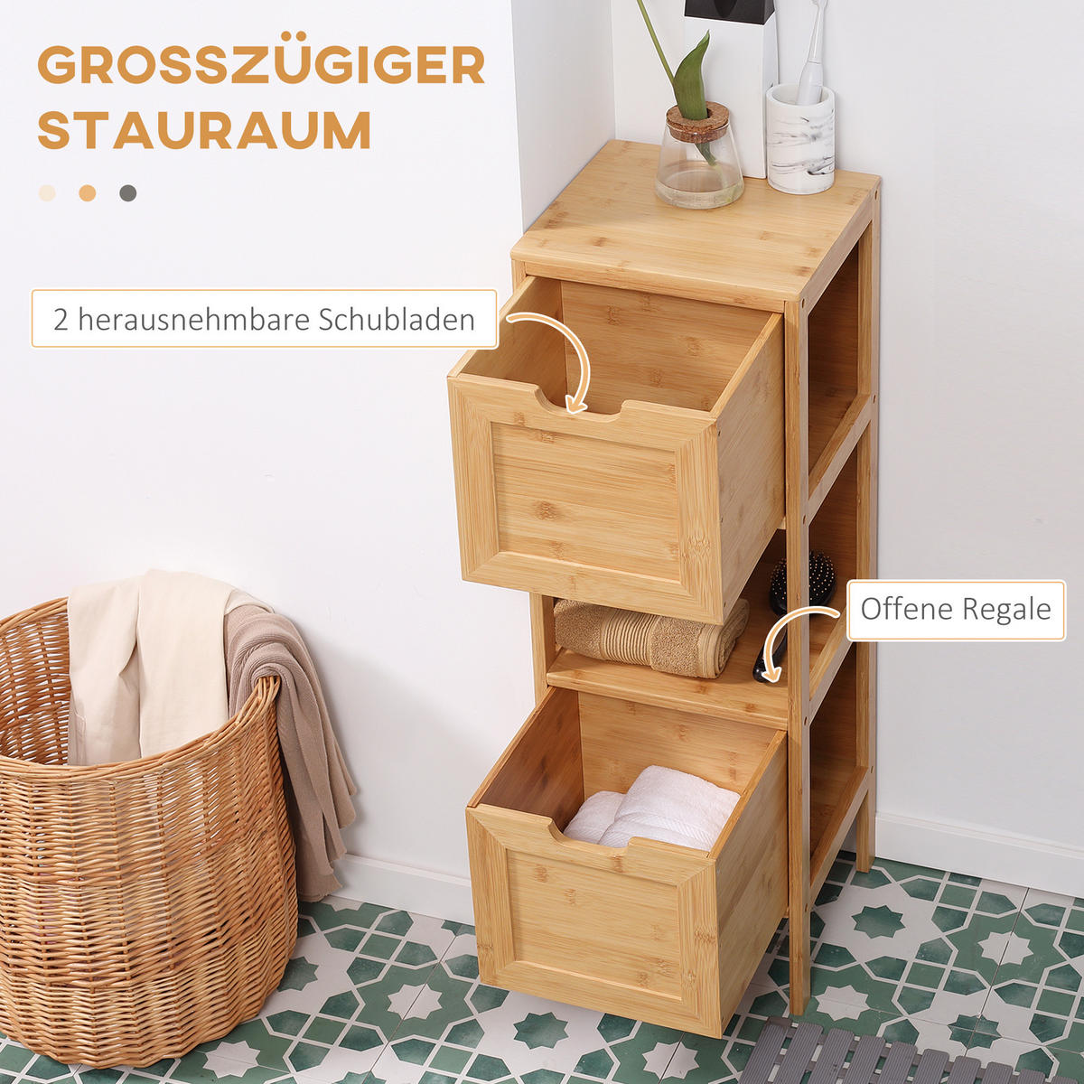 BADSCHRANK mit Kippschutz aus Bambus, 3 Schubladen, Lanfhausstil, Naturholz - Naturfarben, Holz (30/90/30cm) - Kleankin