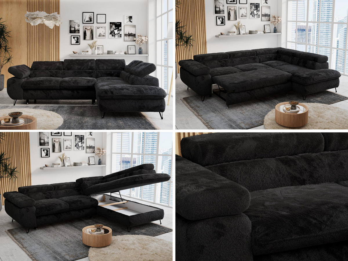 ECKSOFA PETER L Schwarz Plüsch - Rechts Seite - Schwarz, Textil/Metall (273/208cm) - MKS