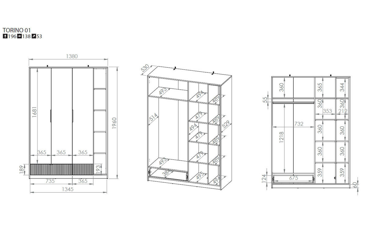KLEIDERSCHRANK Torino Weiß / Eiche Castello / Graphit 138 / 53 / 196cm - Weiß, Holz/Holzwerkstoff (138/196/53cm) - Feldmann-Wohnen