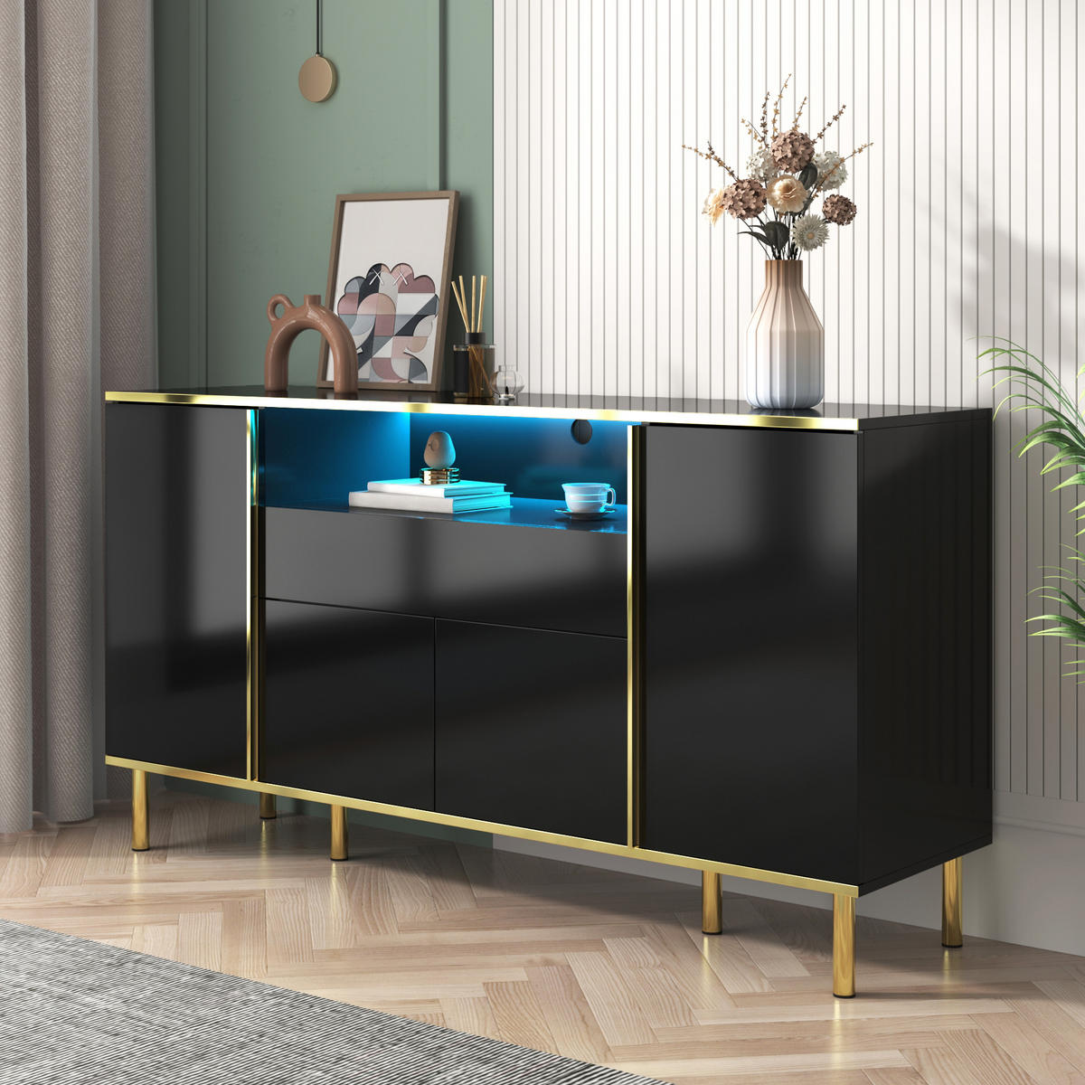 SIDEBOARD mit LED-Beleuchtung, Schublade und Hochglanz-Oberfläche - Goldfarben/Schwarz, Holzwerkstoff/Metall (150/80/40cm) - EVRYAE