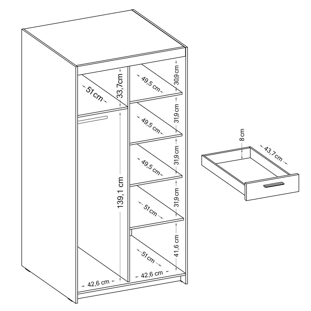 KLEIDERSCHRANK Storicos Weiß 89,7/190,5/53 cm - 2T3S Modern mit Schubladen - Weiß, Holzwerkstoff/Kunststoff (89.8/190.5/53cm) - AX Living