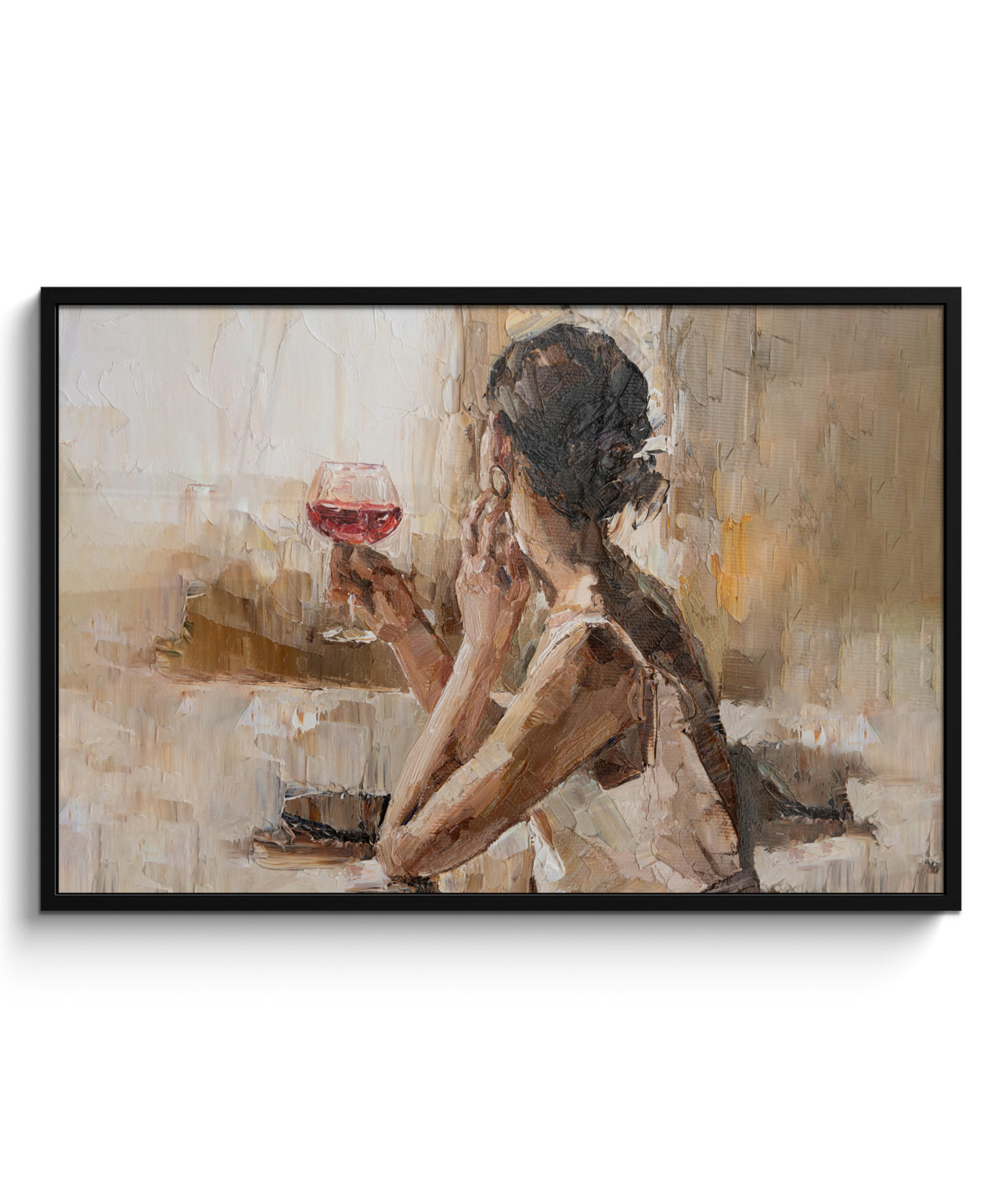 POSTER MIT RAHMEN Ölgemälde - Frau - Wein 120x80 cm - Hellbraun, Papier (120/80cm) - MuchoWow