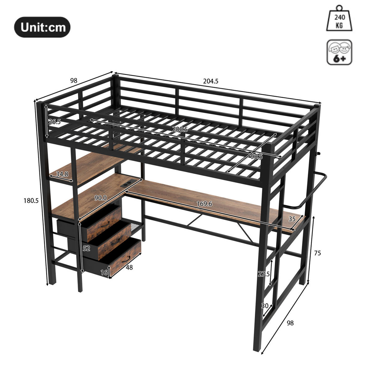 HOCHBETT 90/200 cm Schwarz aus Metall und MDF mit Schreibtisch - Schwarz, Metall (90/200cm) - OKMYHOME