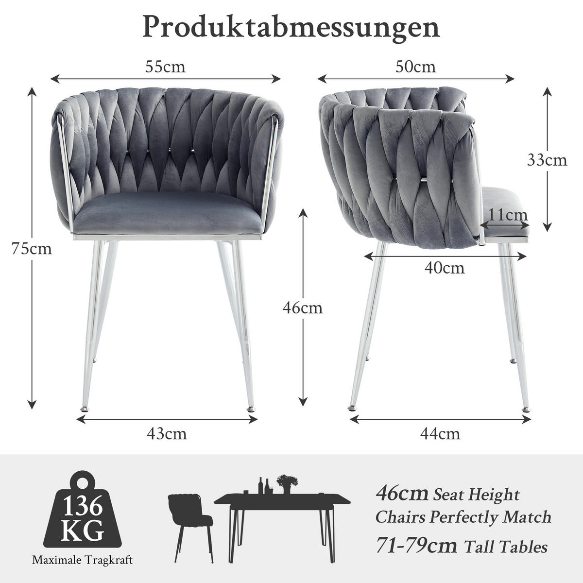 ARMLEHNSTUHL-SET DE-36443 2 Stück mit Samtbezug und Web-Design Grau - Grau, Metall (48/75/55cm) - ComfortXL