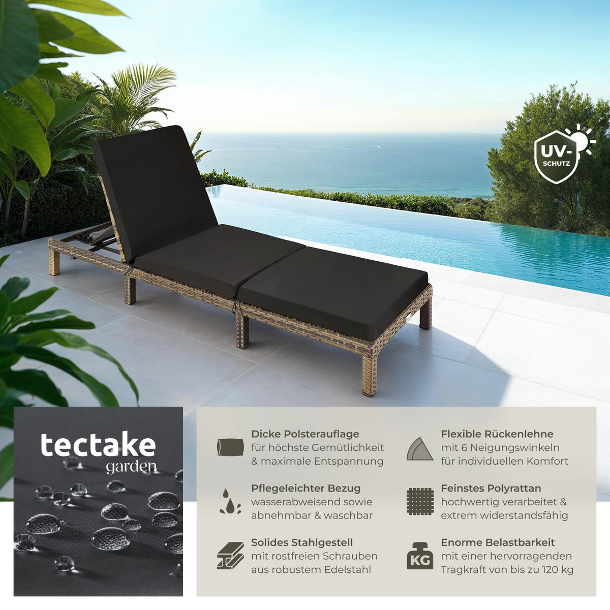 RATTAN-SONNENLIEGE Sofia,196 x 66 x 27 cm,natur - Naturfarben, Kunststoff (66/27/196cm) - tectake