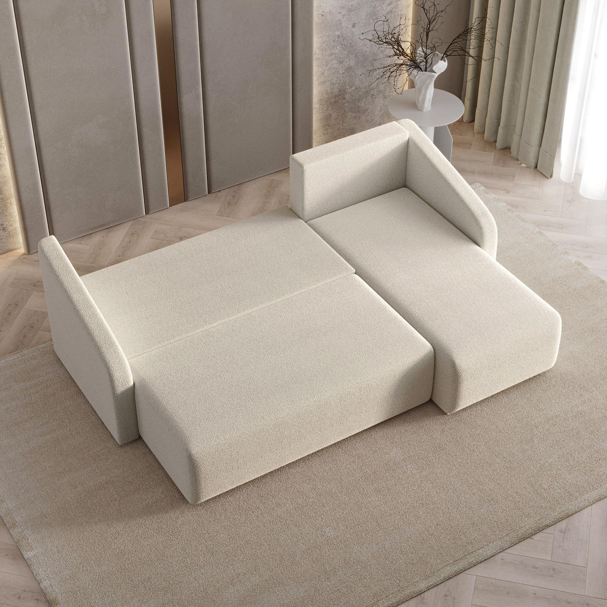 ECKSOFA MARELLO Creme Boucle-Stoff mit Schlaffunktion - Creme, Holz (220/143cm) - MASSENO