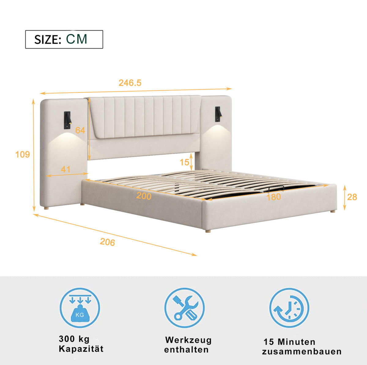 POLSTERBETT 180x200 cm in Beige mit hydraulischem Stauraum, Leselampen und USB-Anschlüssen - Beige, Textil (180/200cm) - IVMEU