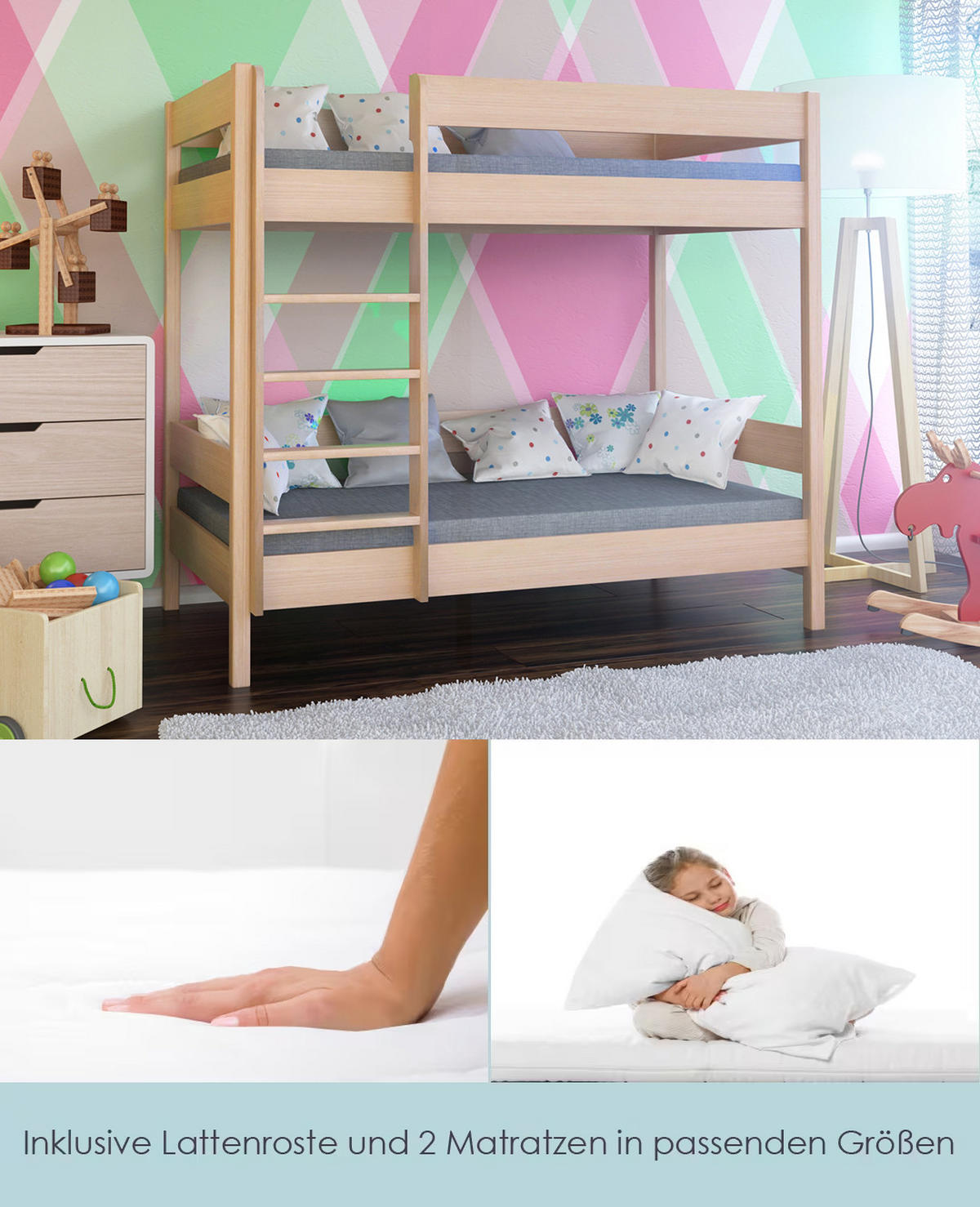 ETAGENBETT Diego 180x80 naturweiß mit Schubladen und Matratzen - Naturfarben, Holzwerkstoff (80/180cm)