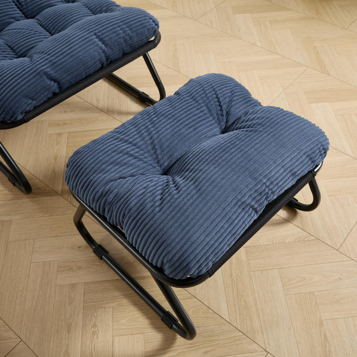 RELAXAČNÉ kreslo s taburetkou 65/78/86 cm tmavomodré s čiernym rámom na oddych z ocele - tmavomodrá, kov (78/86/65cm) - OKWISH