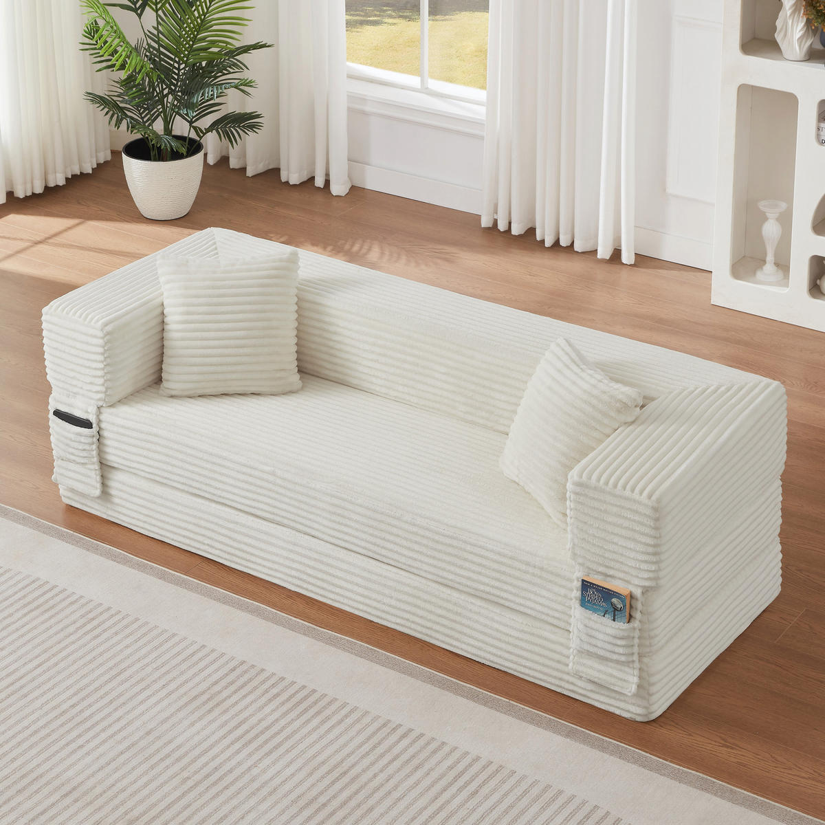 SCHLAFSOFA aus Cord in Weiß 2-lagiges Design & zum Doppelbett ausklappbar - Weiß, Textil (76/60/200cm) - Urban Meuble