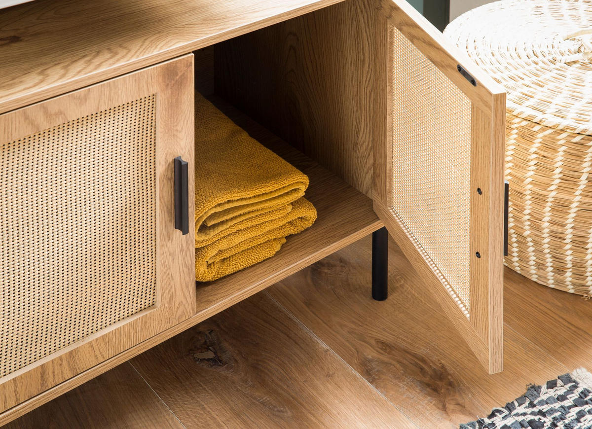 WASCHBECKENUNTERSCHRANK Eiche-Optik 60x60x40 cm mit Türen und Rattangeflecht - Schwarz/Braun, Holzwerkstoff/Metall (60/60/40cm) - KADIMA DESIGN