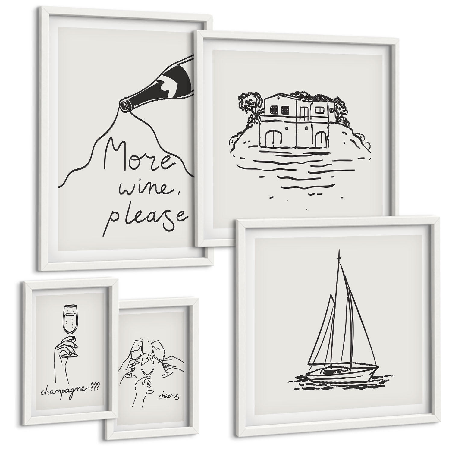 BILDER SET 5er Set - 50x50 cm & 20x30 cm & 40x60 cm Weißer Rahmen - Fröhliche Momente mit Champagner - Weiß, Kunststoff (40/60cm) - TULUP