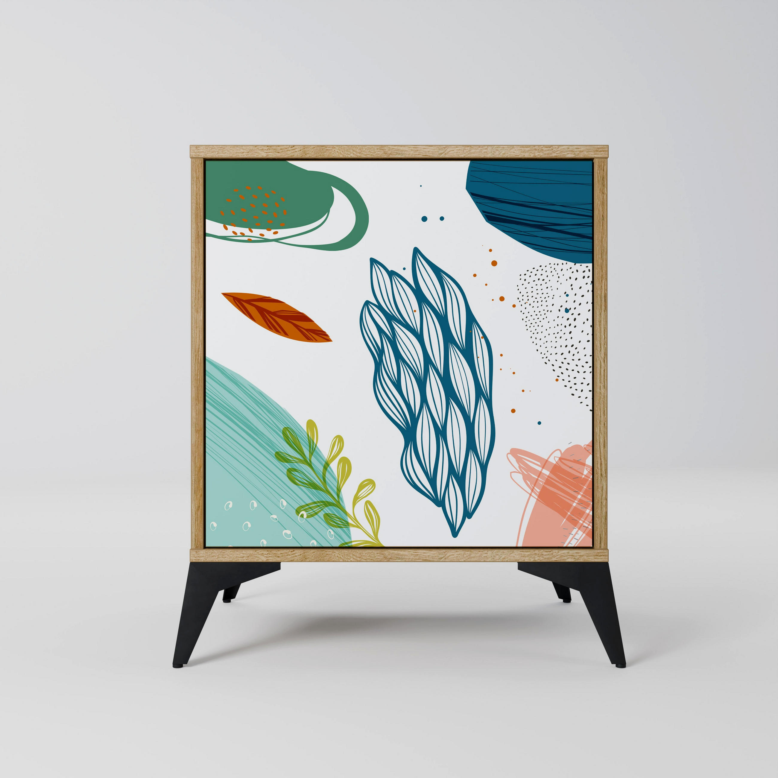 SIDEBOARD BOTANICAL HURRICANE, Eichefarben, 57,5x42x70,5 cm, Schwarze Metall-Sternfüße - Eichefarben/Multicolor, Holzwerkstoff/Metall (57.5/70.5/42cm) - SpaceRebels