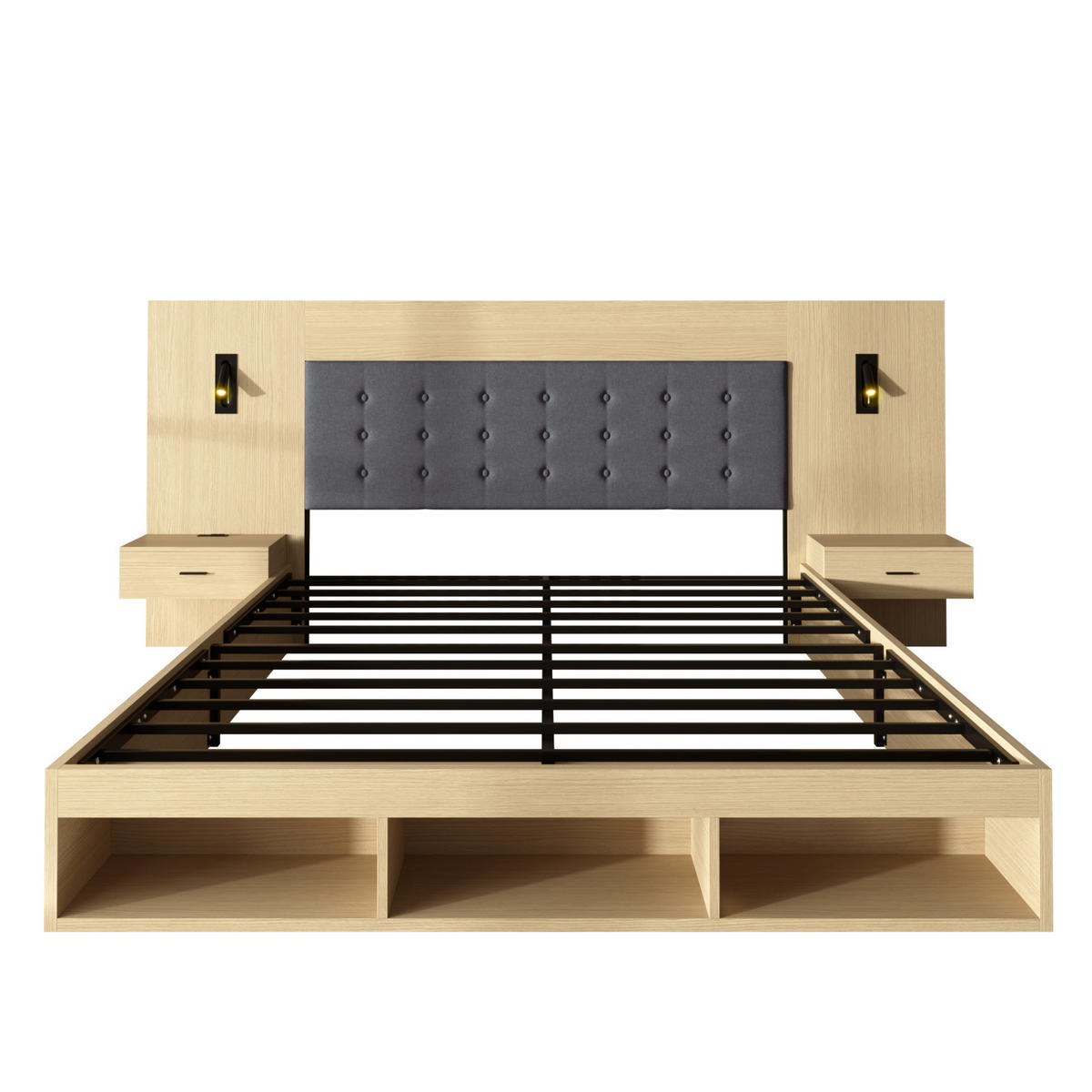 BETT 160/200 cm helle Eiche aus MDF mit 2 Nachttischen, USB- und Typ-C-Anschlüssen - Eichefarben, Holzwerkstoff (180/200cm) - OKMYHOME