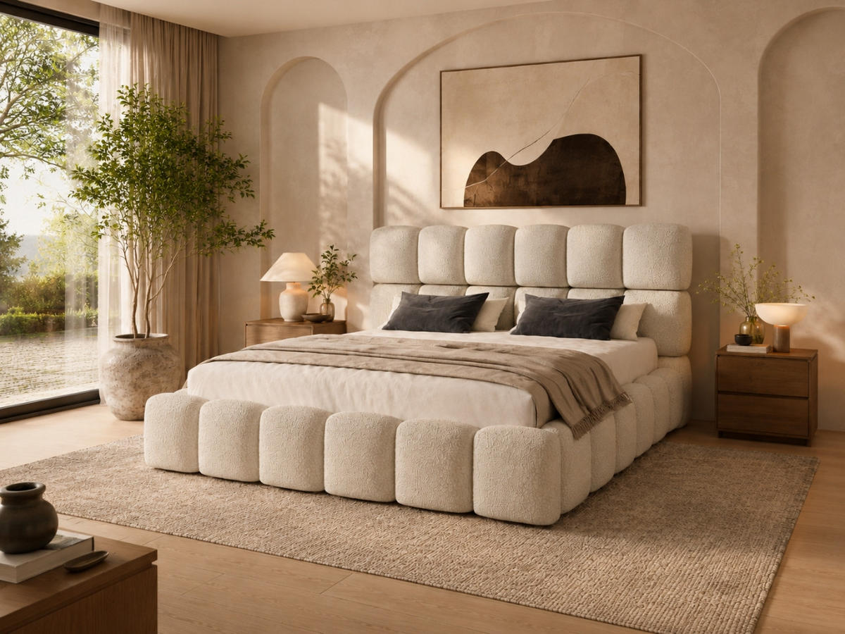 POLSTERBETT TESSA 140x200 cm in Creme, gepolstertes Kopfteil, Metalllattenrost, Bettkasten, Bouclé-Stoff - Ecru, Holz/Textil (140/200cm) - EMLAR Home