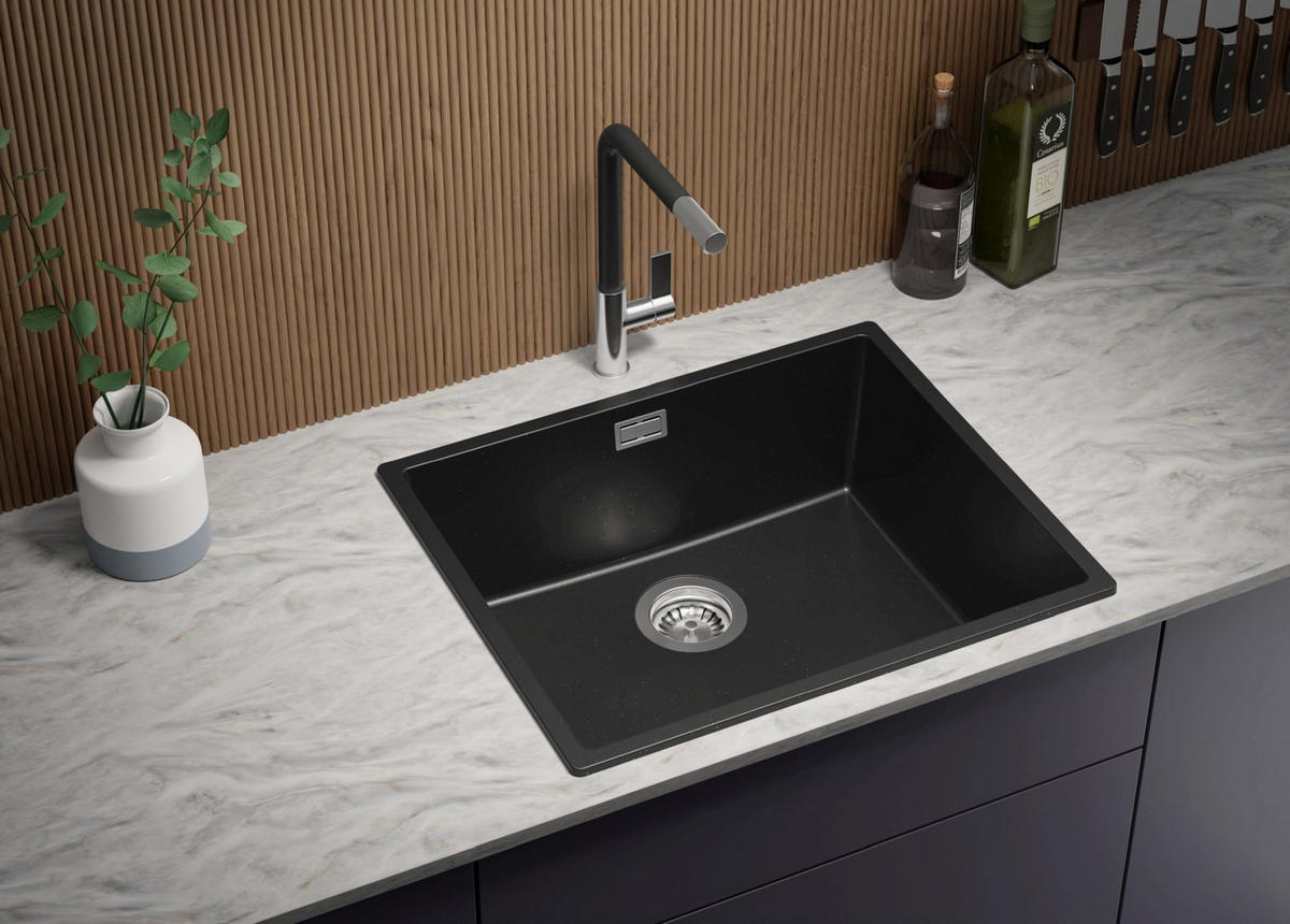 SPÜLBECKEN London Slim, 2-er set Schwarz Metallic 56/47 cm 1 Becken + Ablauf-Set ab 60er Unterschrank - Chromfarben/Schwarz Hochglanz, Kunststoff (56/20/47cm) - Primagran