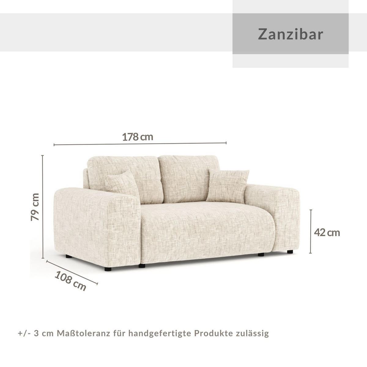 2-SITZER-SOFA Zanzibar Beige Webstoff - Beige/Schwarz, Holz/Holzwerkstoff (178/79/108cm) - Maison de Reve