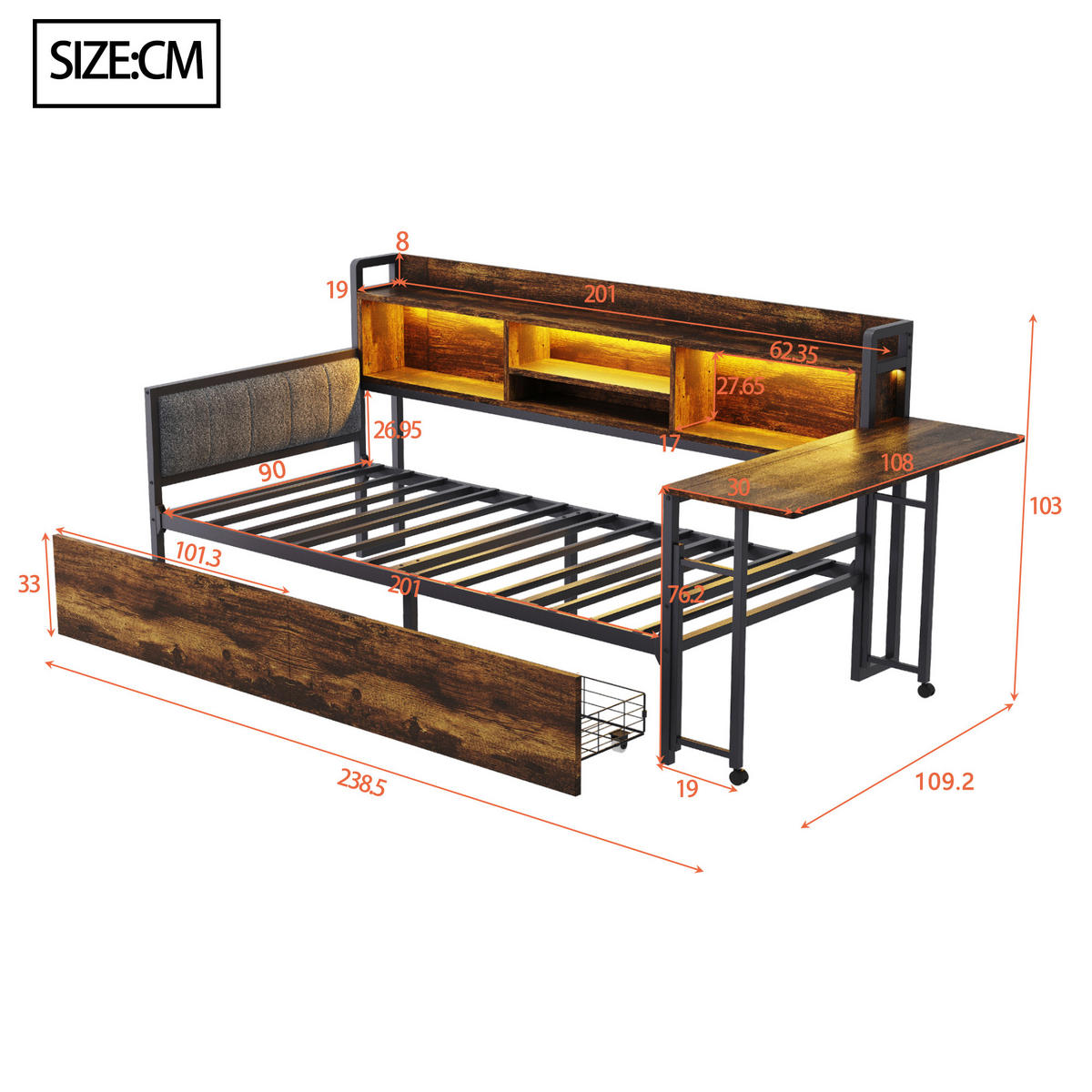 MULTIFUNKTIONSBETT 90/200 cm Holzfarbe mit LED-Beleuchtung und Stauraum aus Metall - Naturfarben, Metall (90/200cm) - OKWISH