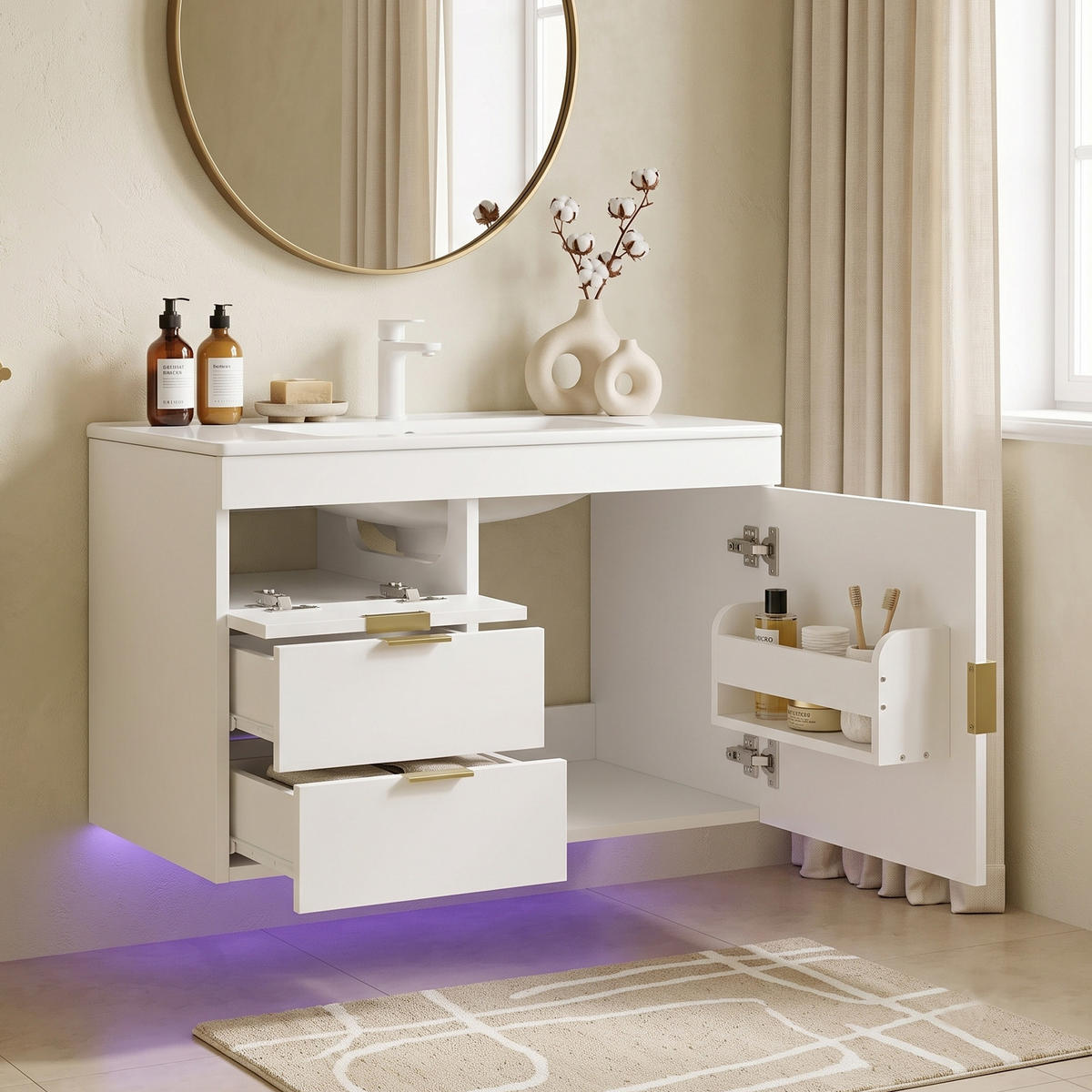 KOUPELNOVÁ SKŘÍŇKA S UMYVADLEM Závěsná, bílá, LED a ovládání aplikací - bílá, kompozitní dřevo (76/51/46cm) - Urban Meuble