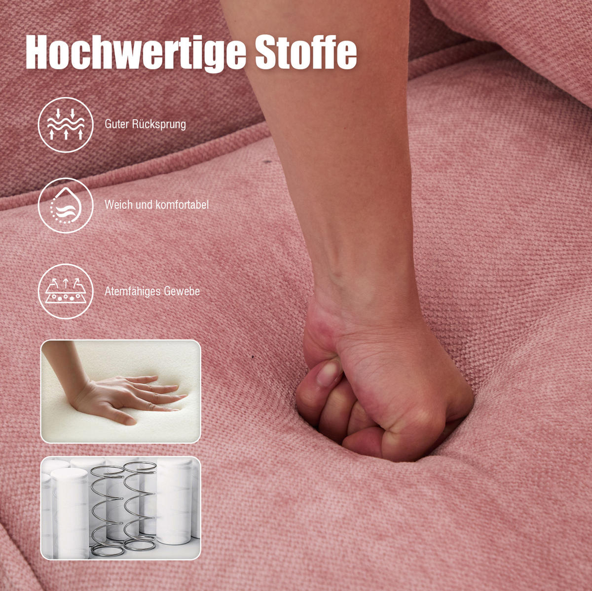 2-SITZER Sofa Chenille mit Handyhalter und Seitentaschen 127/69/66 cm Rosa - Rosa, Textil (66/127/69cm) - Redom
