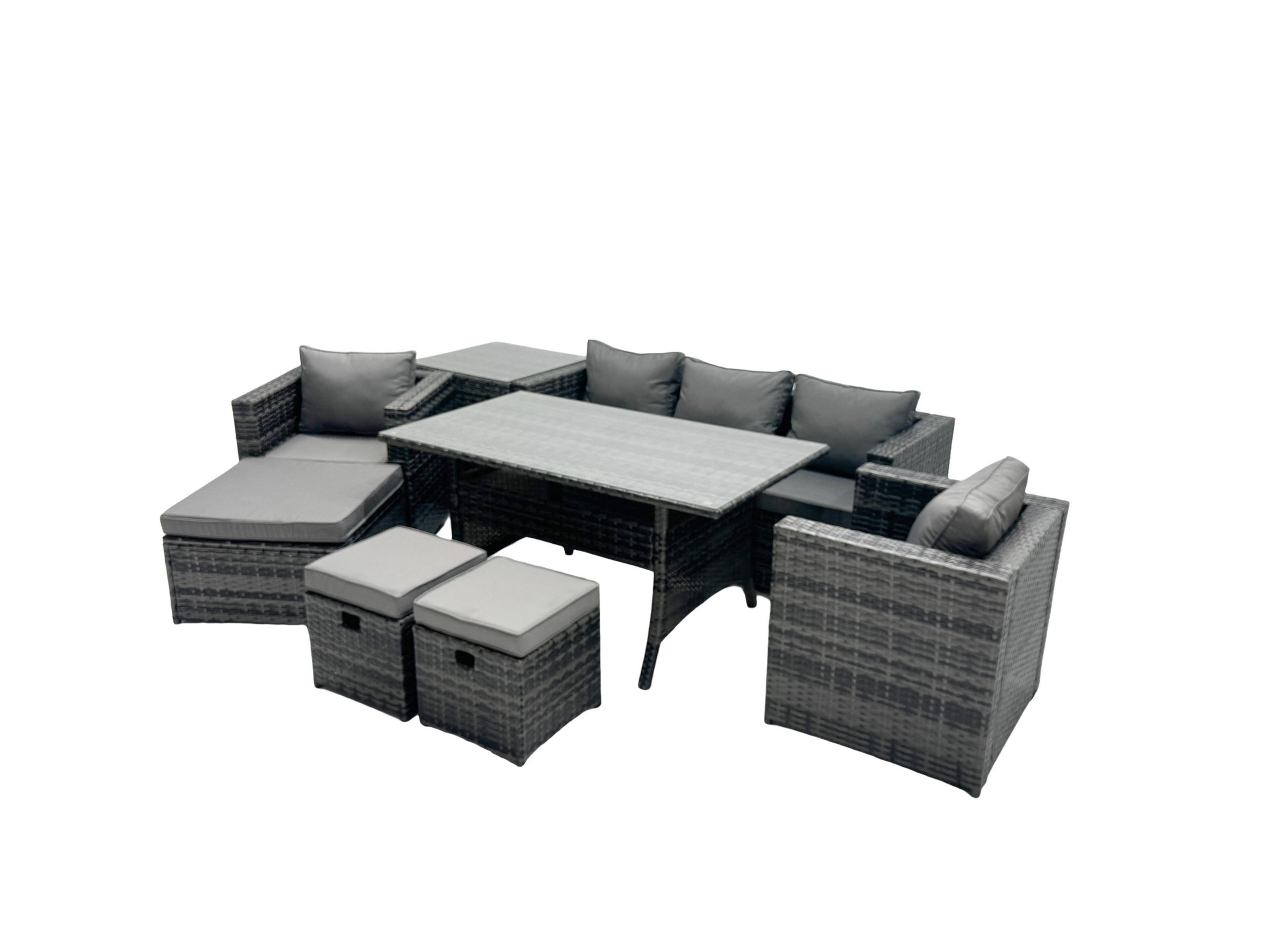 LOUNGEGARNITUR mit Stuhl,Beistelltisch Polyrattan Dunkelgrau 8-Sitzer - Dunkelgrau/Grau, Glas/Kunststoff - Fimous