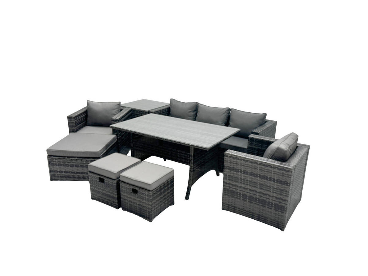 LOUNGEGARNITUR mit Stuhl,Beistelltisch Polyrattan Dunkelgrau 8-Sitzer - Dunkelgrau/Grau, Glas/Kunststoff - Fimous