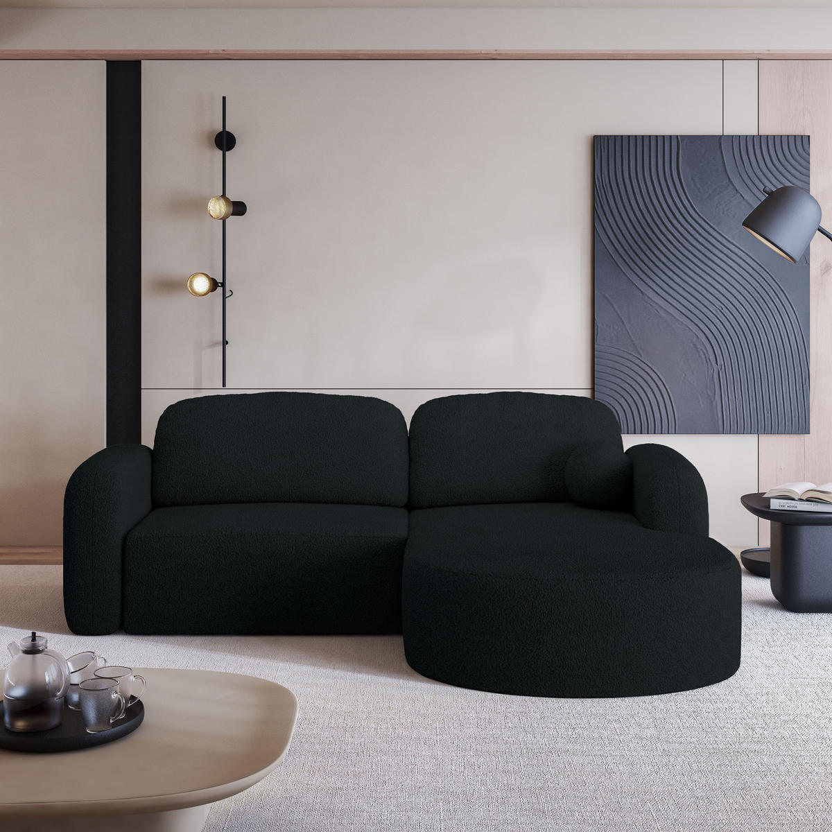 ECKSOFA AMILIA R-S Schwarz Boucle-Stoff mit Schlaffunktion - Schwarz, Holz (263/174cm) - MASSENO