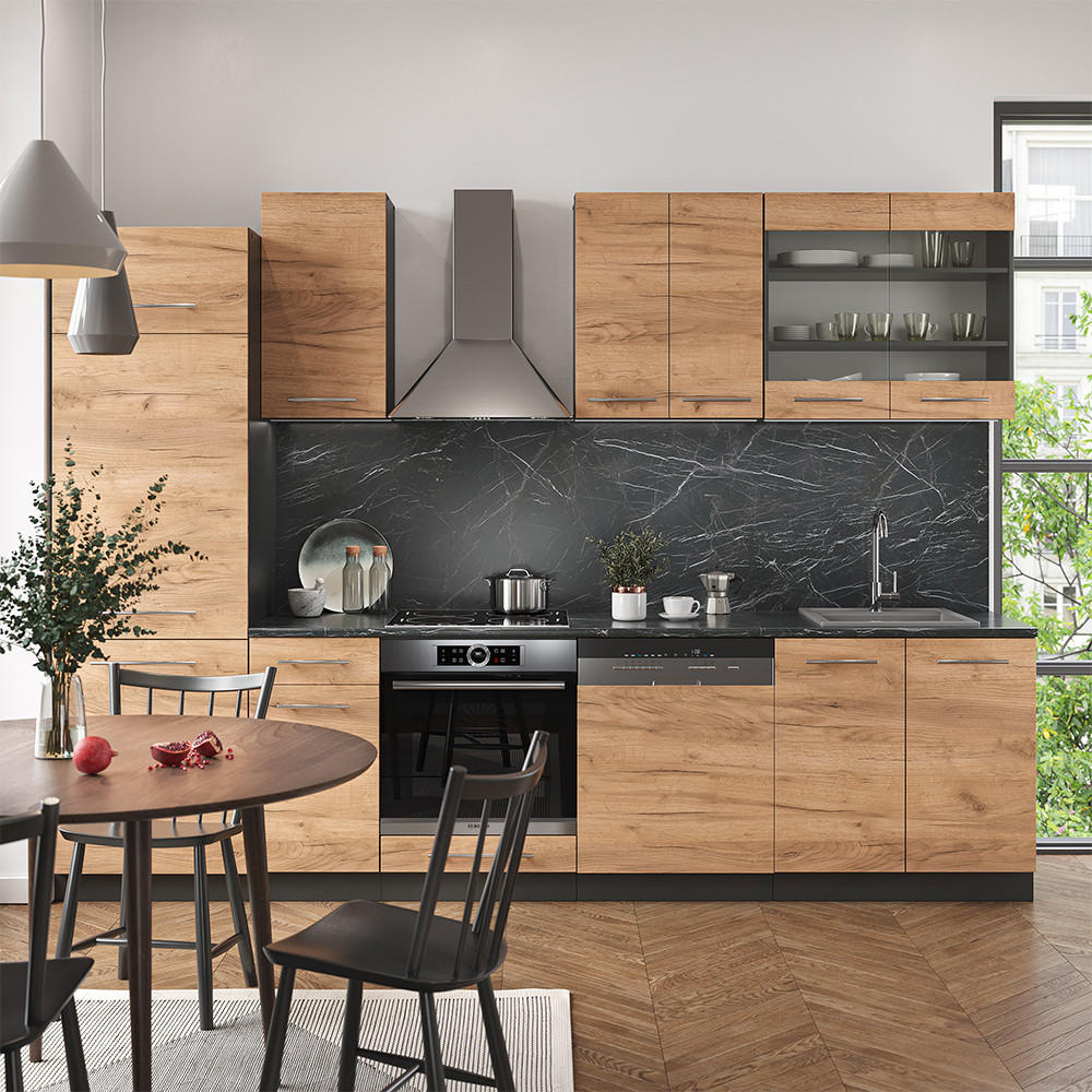 KÜCHENZEILE Fame-Line Goldkraft Eiche/Anthrazit 300 cm, AP Anthrazit - Honigeiche/Anthrazit, Holzwerkstoff (300/81.6/60cm) - Vicco