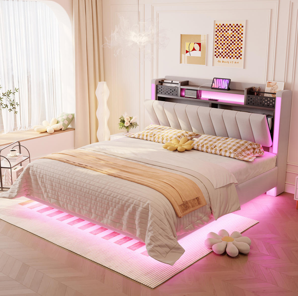 ČALÚNENÁ posteľ 140/200 cm s LED osvetlením, USB portom a úložným čelom, Béžová - béžová, textil (140/200cm) - Redom