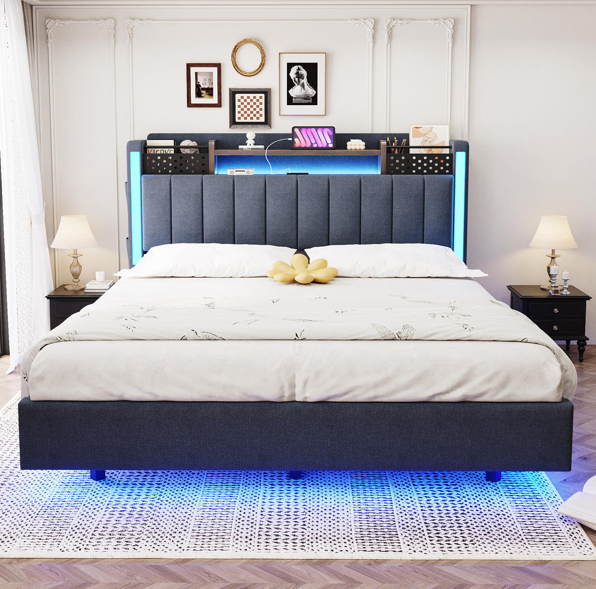 ČALOUNĚNÁ postel 140/200 cm šedá z lněné tkaniny s LED, USB a úložným čelem - šedá, textil (140/200cm) - OKWISH