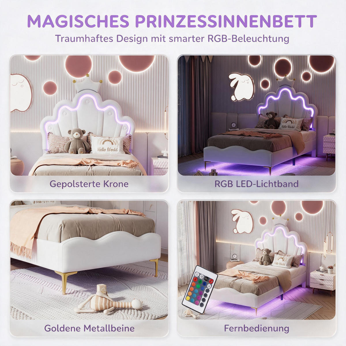 KINDERBETT 90 x 200 cm, Prinzessinnen, mit RGB-LED-Beleuchtung, gepolsterter Krone, höhenverstellbarem Bettgestell, Weiß - Weiß, Leder/Holz (200/90cm) - BursDany