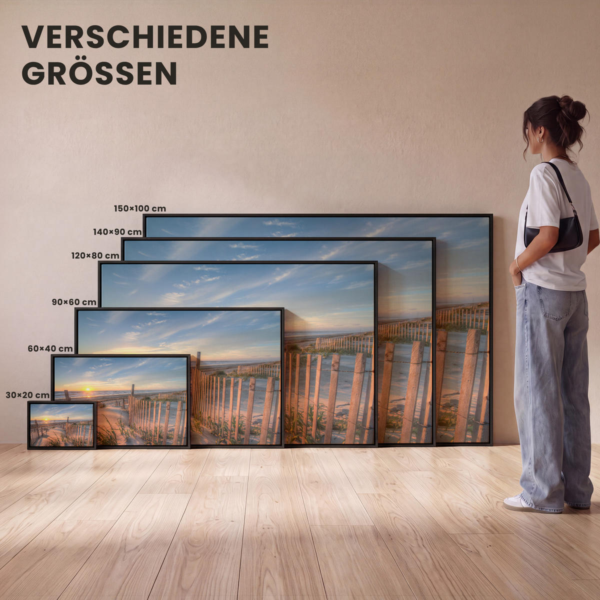 LEINWAND Bilder mit Rahmen - Strand - Meer - Düne - Sonnenuntergang - Landschaft - 60x40 - Beige, Textil (60/40cm) - MuchoWow