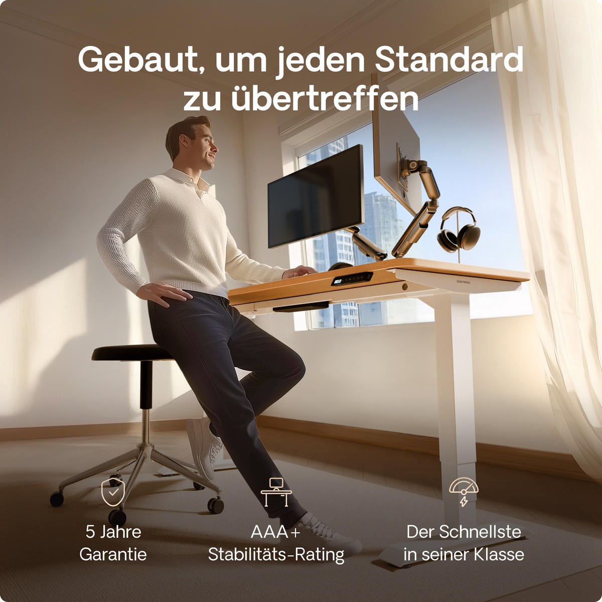 SCHREIBTISCH Elektrisch Höhenverstellbarer HomePro 140x70cm Weiß/Eiche mit Memory-Funktion, Anti-Kollisions Technologie - Eichefarben/Weiß, Holzwerkstoff (70/140/62cm) - Desktronic