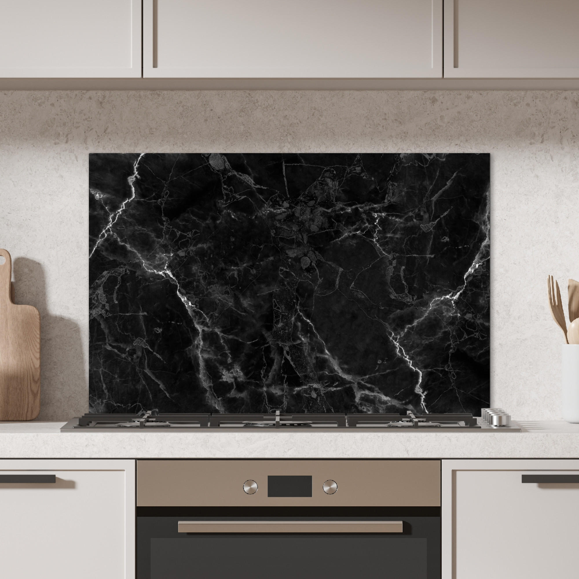 SPRITZSCHUTZ KÜCHE Marmor - Schwarz - Weiß - Textur - Marmoroptik 80x55 cm - Silberfarben, Metall (80/0.3/55cm) - MuchoWow