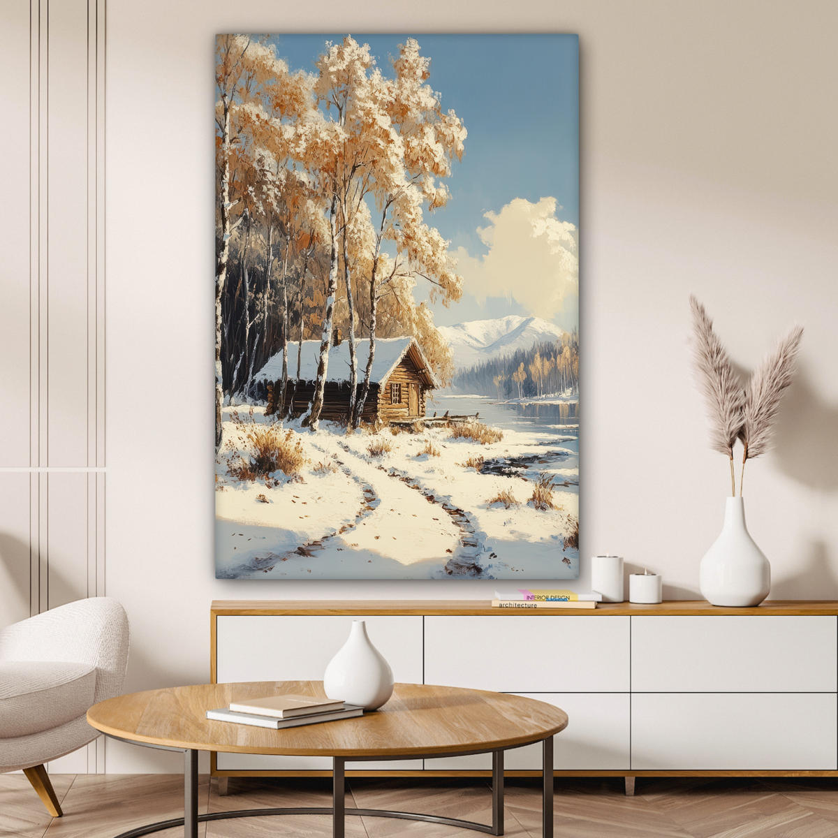 LEINWANDBILD Winter - Schnee - Zuhause - Natur 90x140 cm - Hellbraun, Textil (90/140cm) - MuchoWow