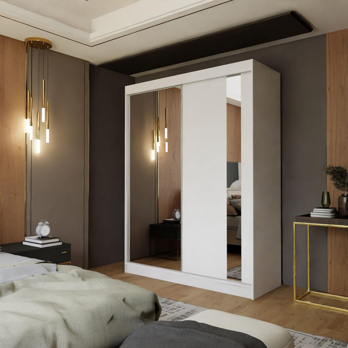 SCHWEBETÜRENSCHRANK GRAZIA 160/216/61 cm 2-türig mit Spiegel Weiß - Weiß, Holzwerkstoff (160/216/61cm) - MASSENO