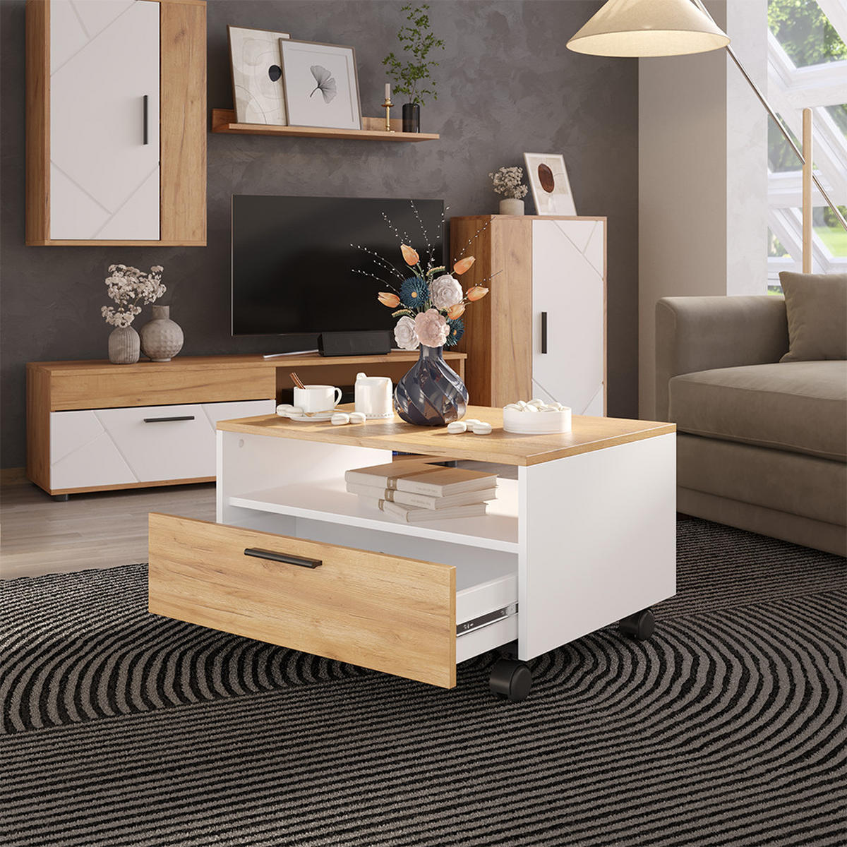 COUCHTISCH Bibo Weiß/Goldkraft Eiche 70 x 52.4 cm - Eiche Wotan/Weiß, Holzwerkstoff (52.4/70/40cm) - Vicco