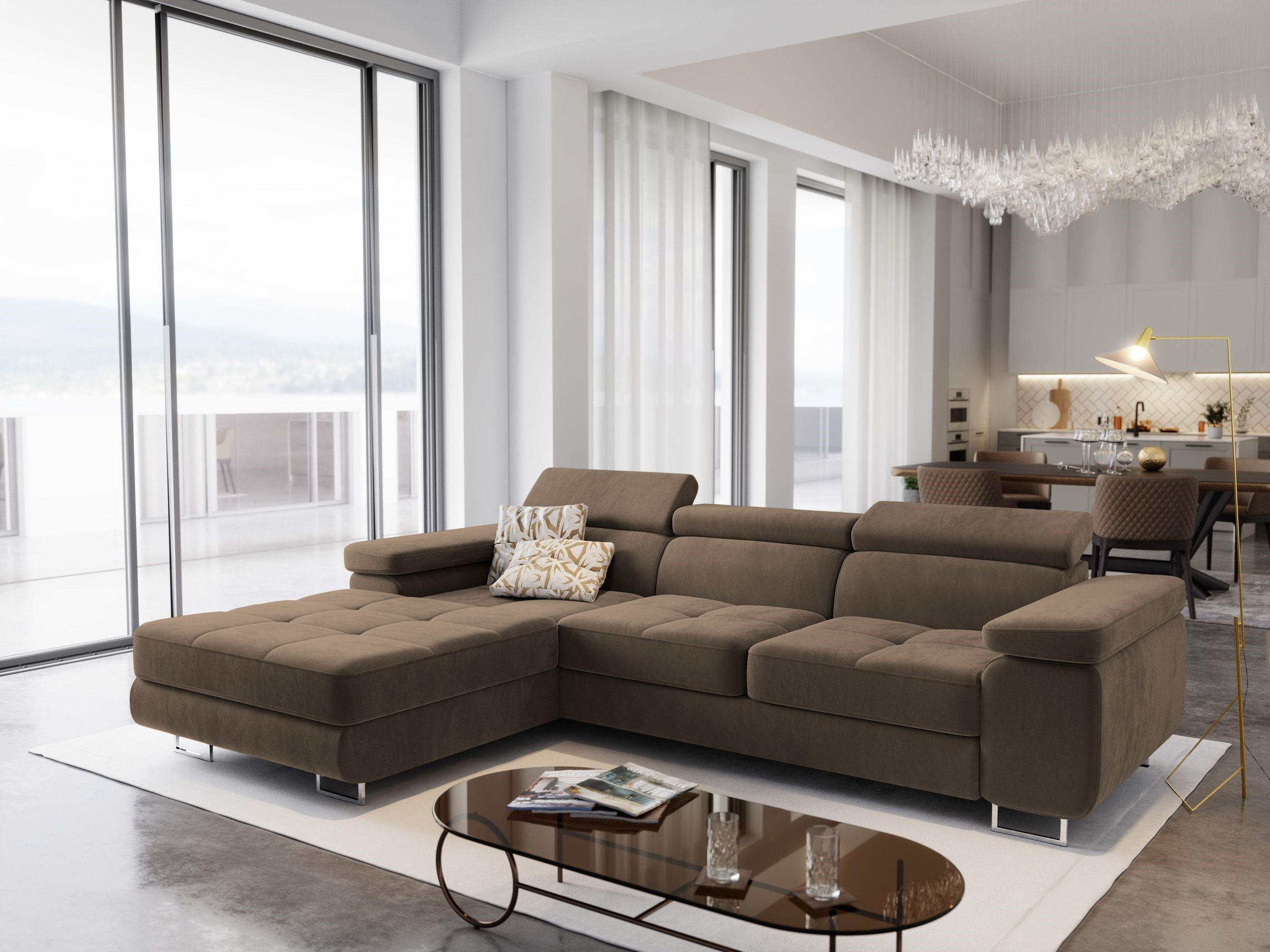 ECKSOFA ELMA L-S Beige Velours-Stoff mit Schlaffunktion - Beige, Holz (280/205cm) - MASSENO