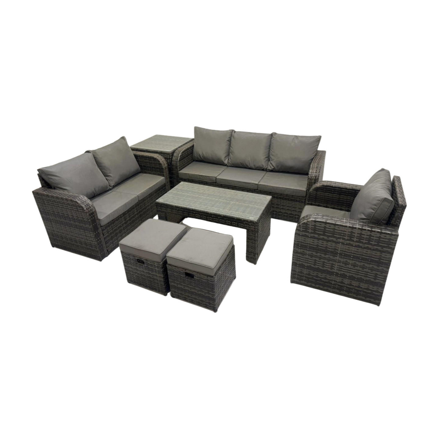 GARTENSOFA SET mit rechteckigem COUCHTISCH Polyrattan 8-Sitzer Dunkelgrau - Dunkelgrau/Grau, Glas/Kunststoff - Fimous