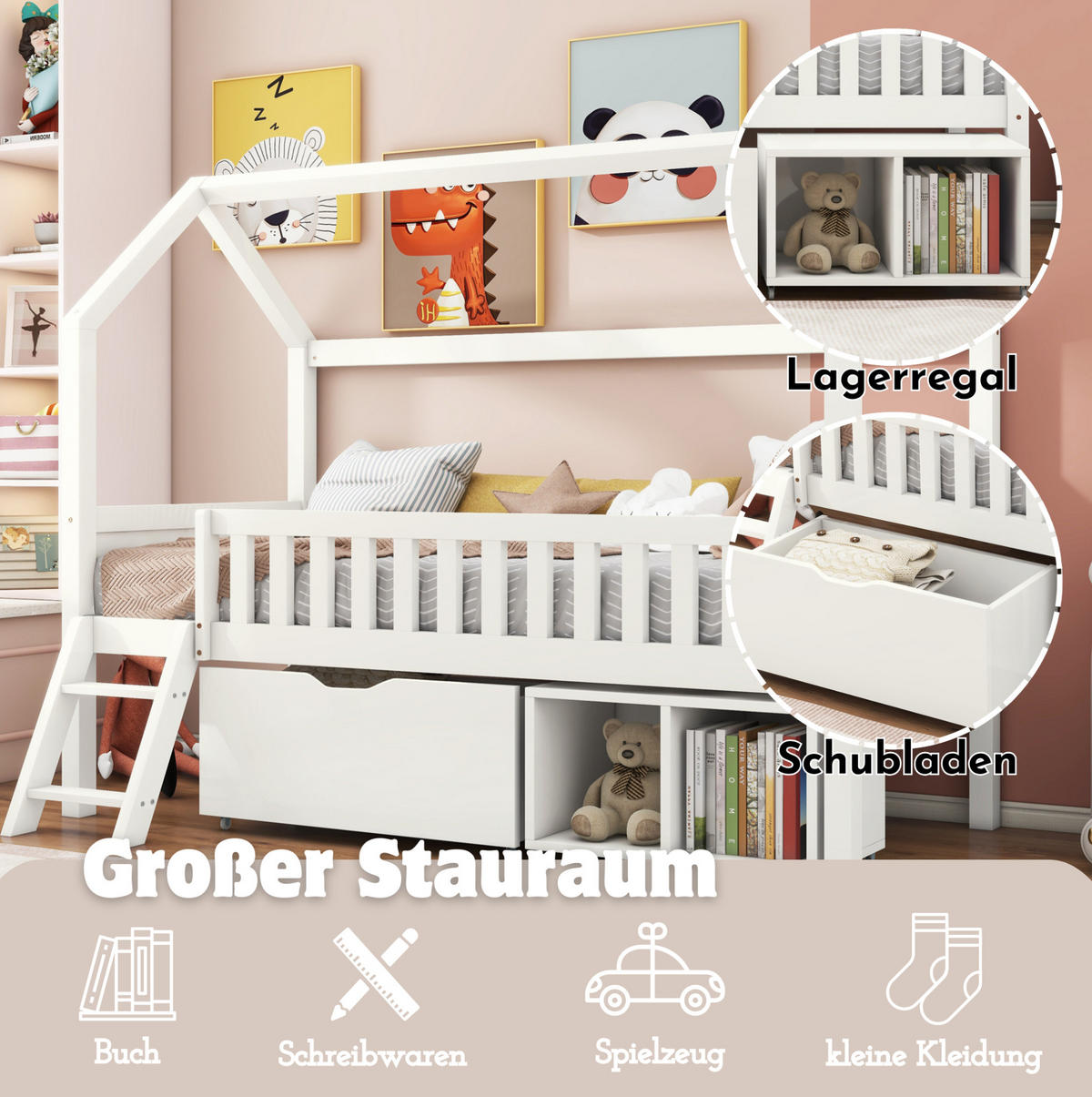 KINDERBETT 90/200 cm im Baumhausstil mit Treppe, Geländer, Schubladen und Schrank aus Kiefern, Weiß - Weiß, Holzwerkstoff (90/200cm) - Redom